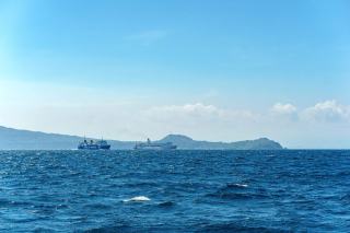 Navire rapide à quai devant un embarcadère des Petites Antilles